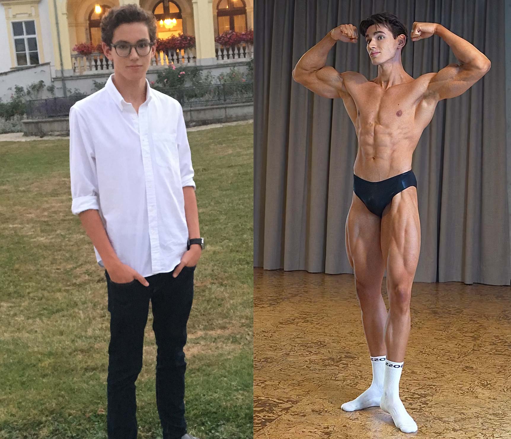 Bilder des Trainers nebeneinander, eines vor und eines nach seiner Verwandlung.